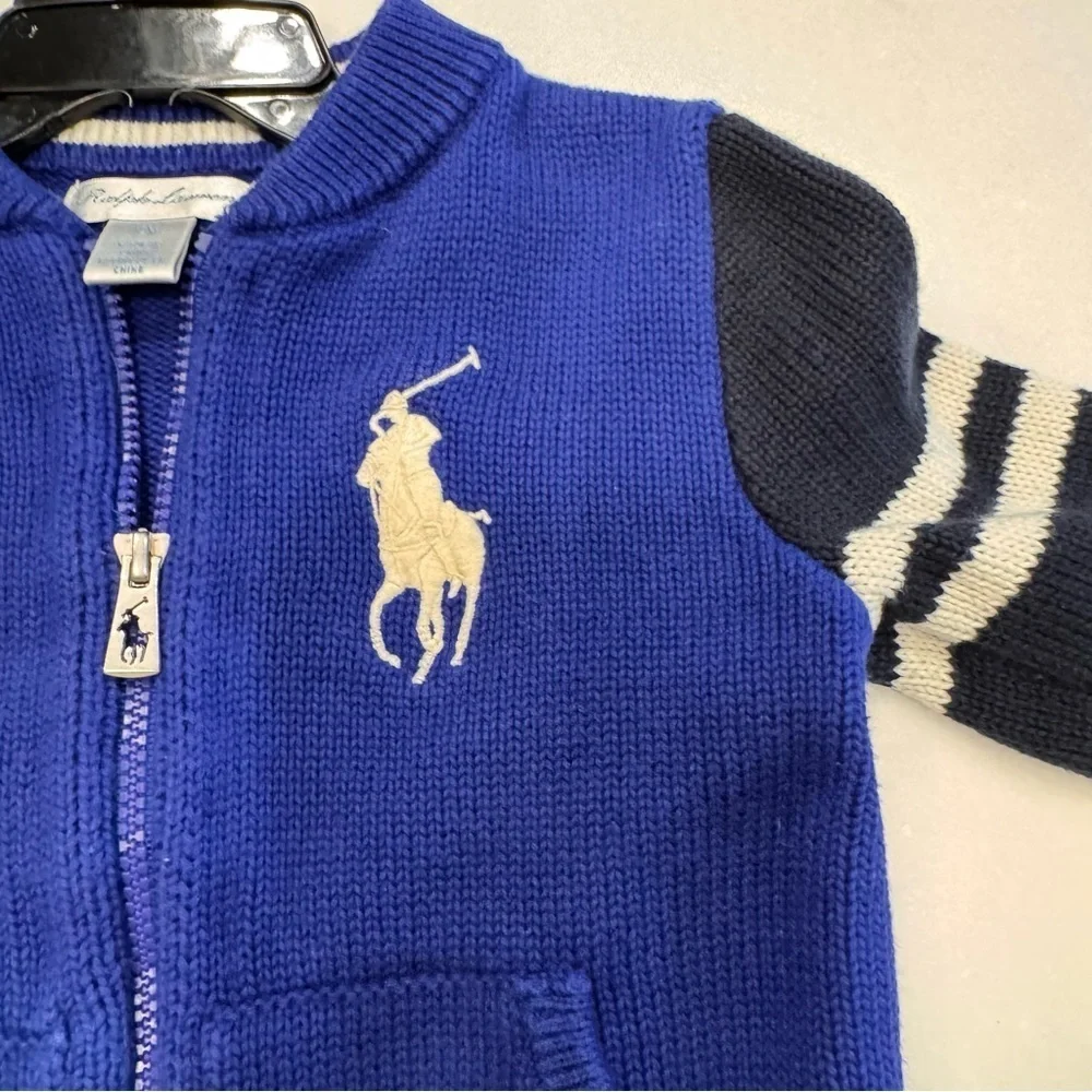 Ralph Lauren boys Big Pony royal blue & navy Full Zip Sweater cotton size 12mos
